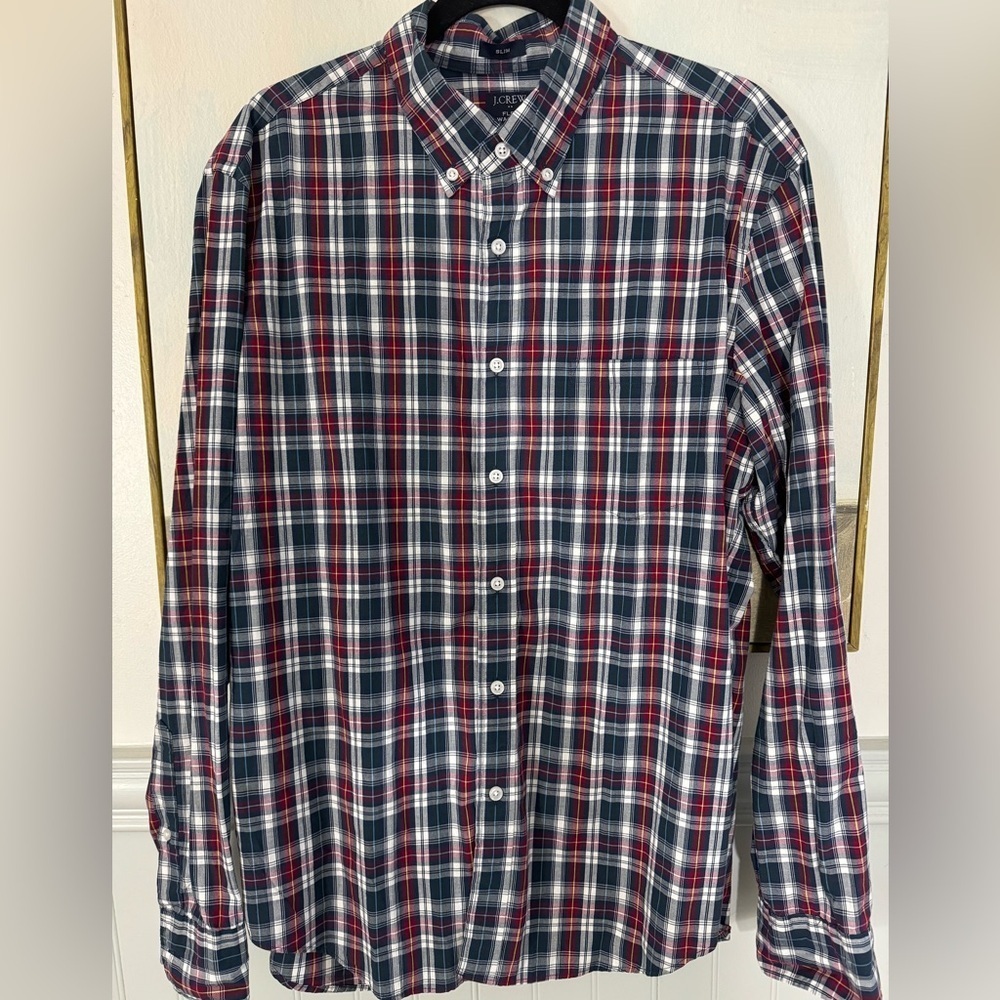 JCREW FACTORY Flex Wash Slim Fit Blue Red White Gingham Long Sleeve Button Large